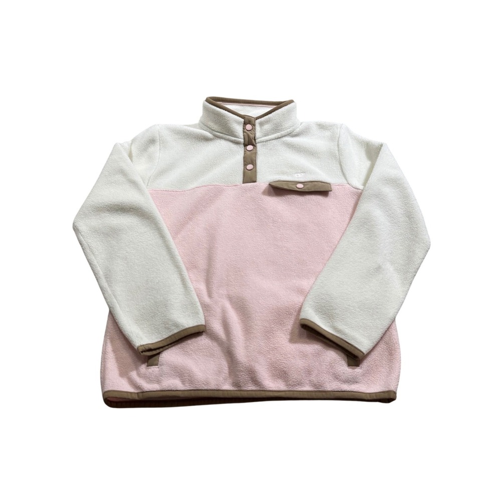 Vineyard Vines Fleece Pullover M 10-12 Pink Cream Colorblock Snap Mock Neck Kids